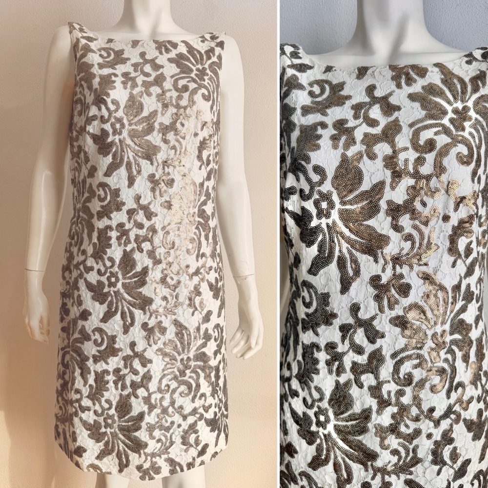 RALPH LAUREN LACE Sequin Cocktail Dress Ivory Gold 12 Mother of the Bride Sheath